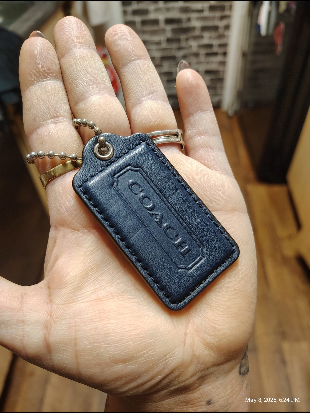 Coach Navy Leather Key Tag with Ball Chain